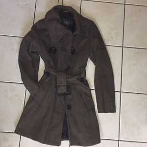 Brown and black harringbone patterned trench coat